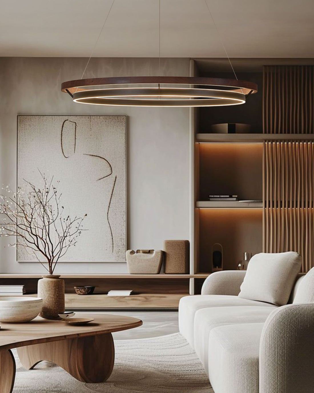 Modern Walnut Wood Grain LED Ring Chandelier - LM1062 - Lumora
