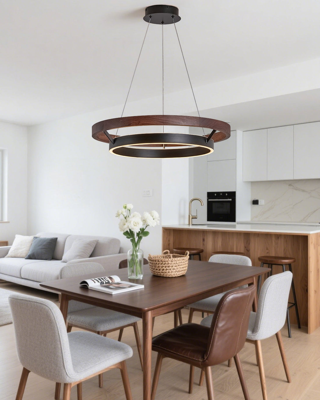 Modern Walnut Wood Grain LED Ring Chandelier - LM1062 - Lumora