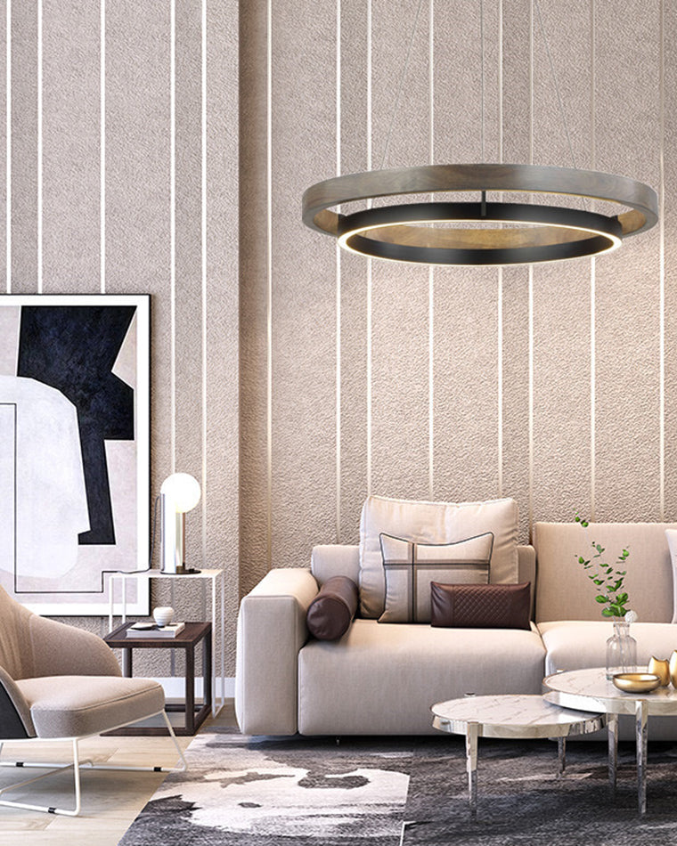 Modern Walnut Wood Grain LED Ring Chandelier - LM1062 - Lumora