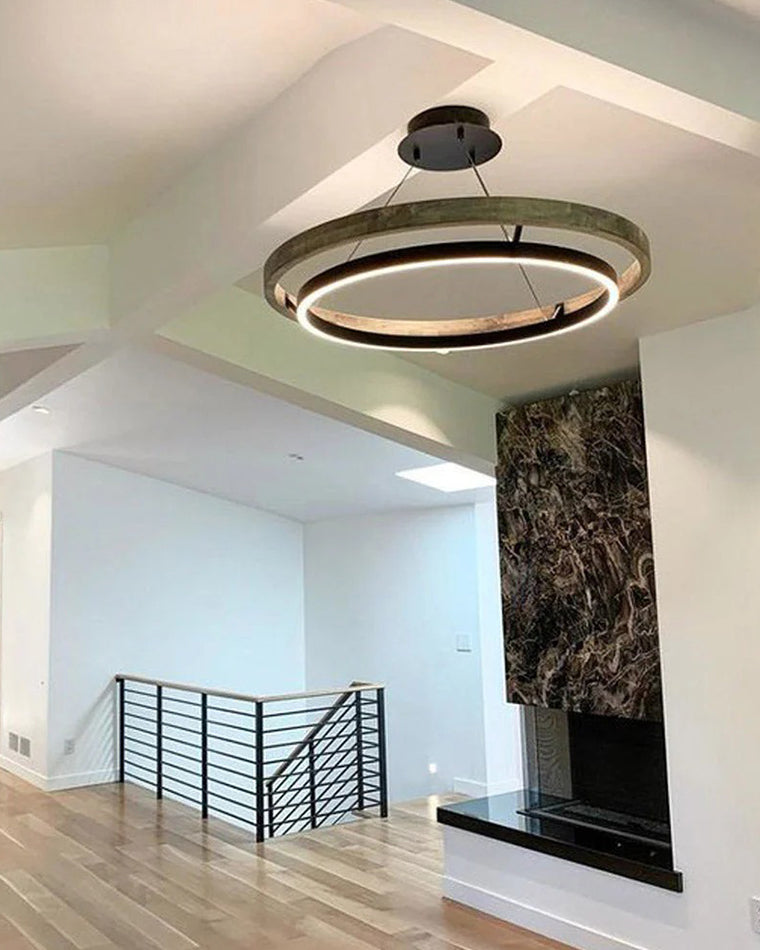 Modern Walnut Wood Grain LED Ring Chandelier - LM1062 - Lumora
