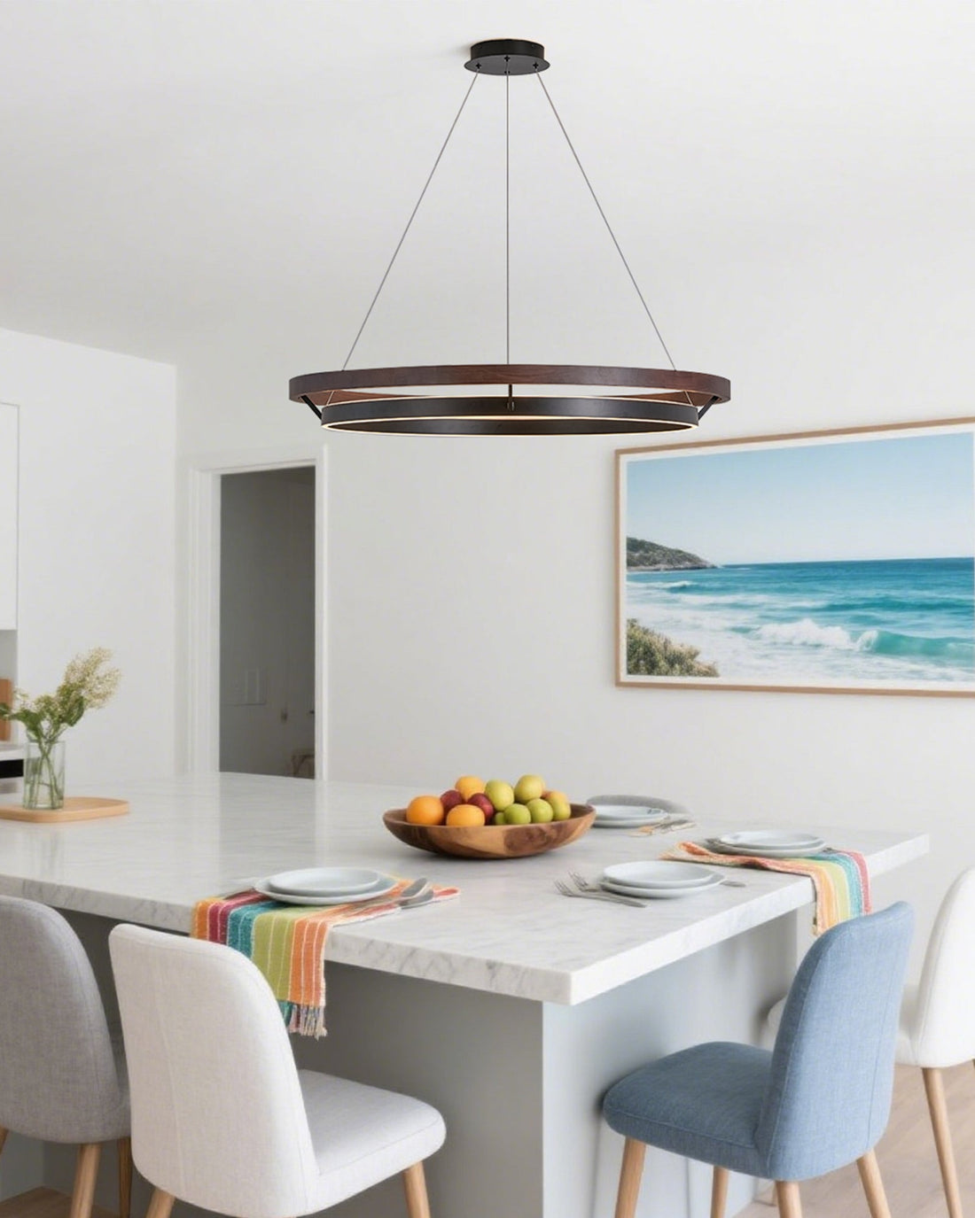 Modern Walnut Wood Grain LED Ring Chandelier - LM1062 - Lumora