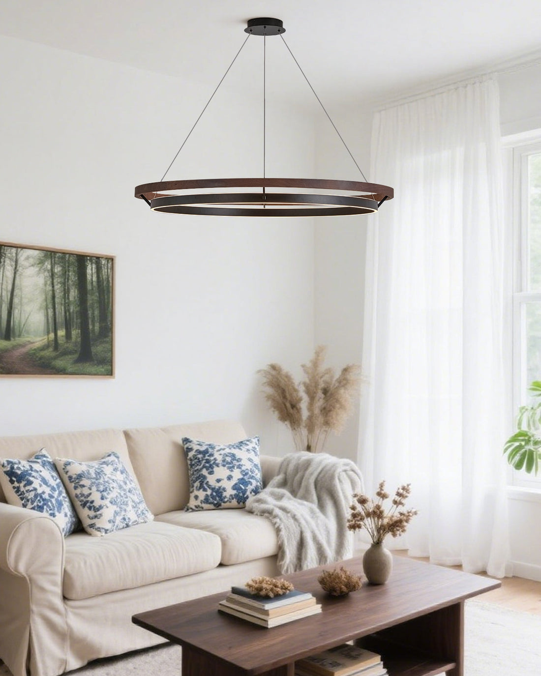Modern Walnut Wood Grain LED Ring Chandelier - LM1062 - Lumora