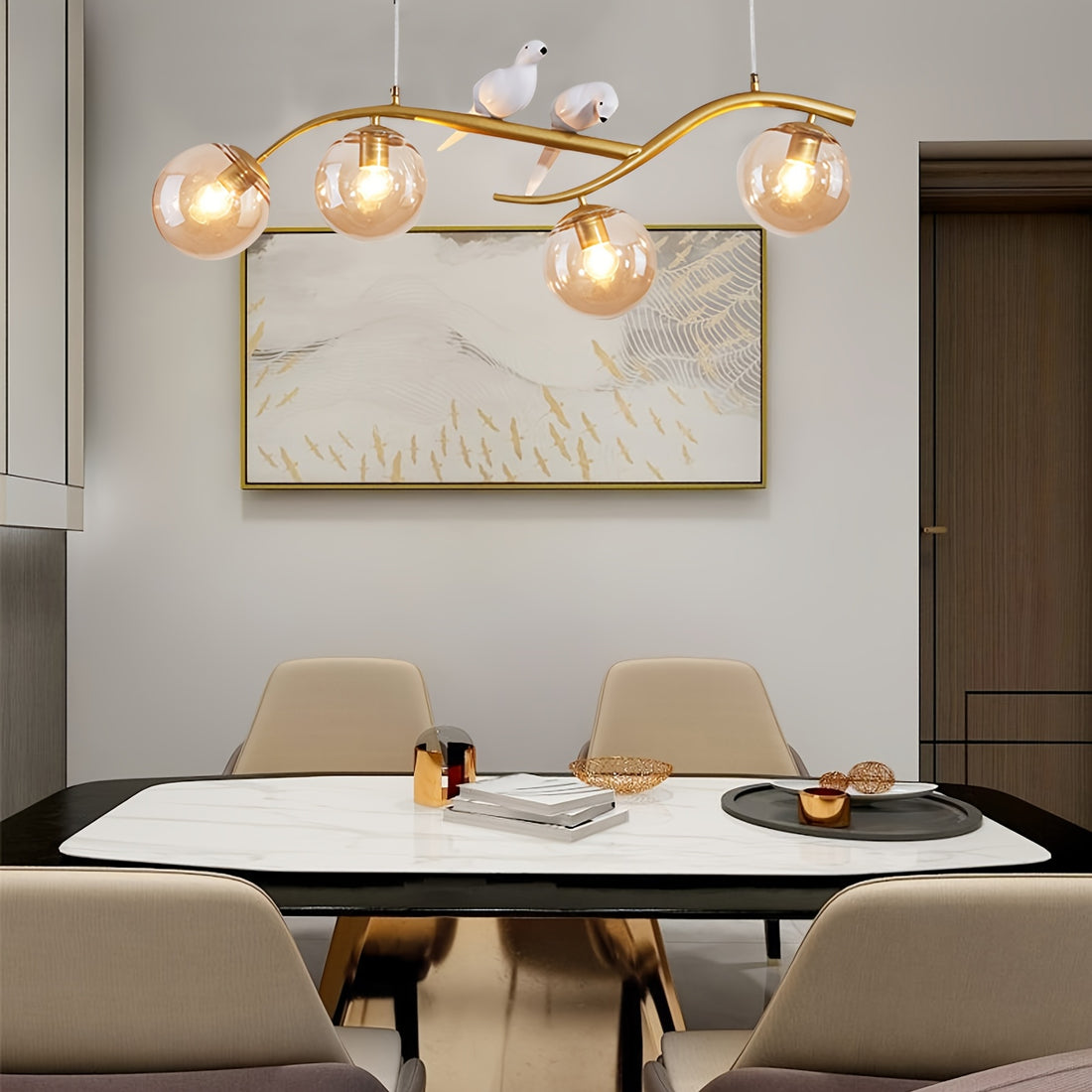 Modern Nordic Bird LED Chandelier – Gold with Amber Glass – LM1056 - Lumora