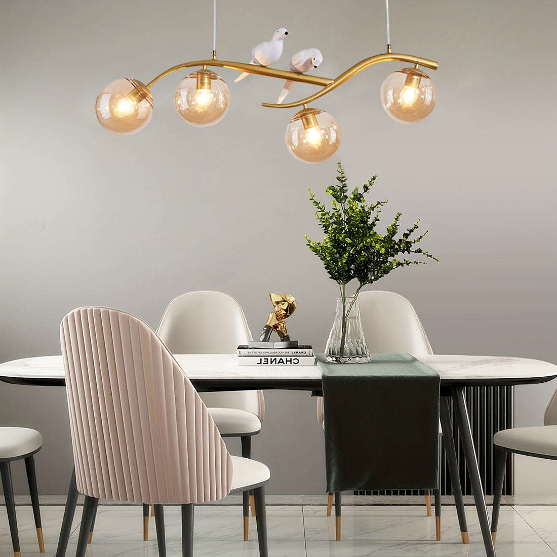 Modern Nordic Bird LED Chandelier – Gold with Amber Glass – LM1056 - Lumora