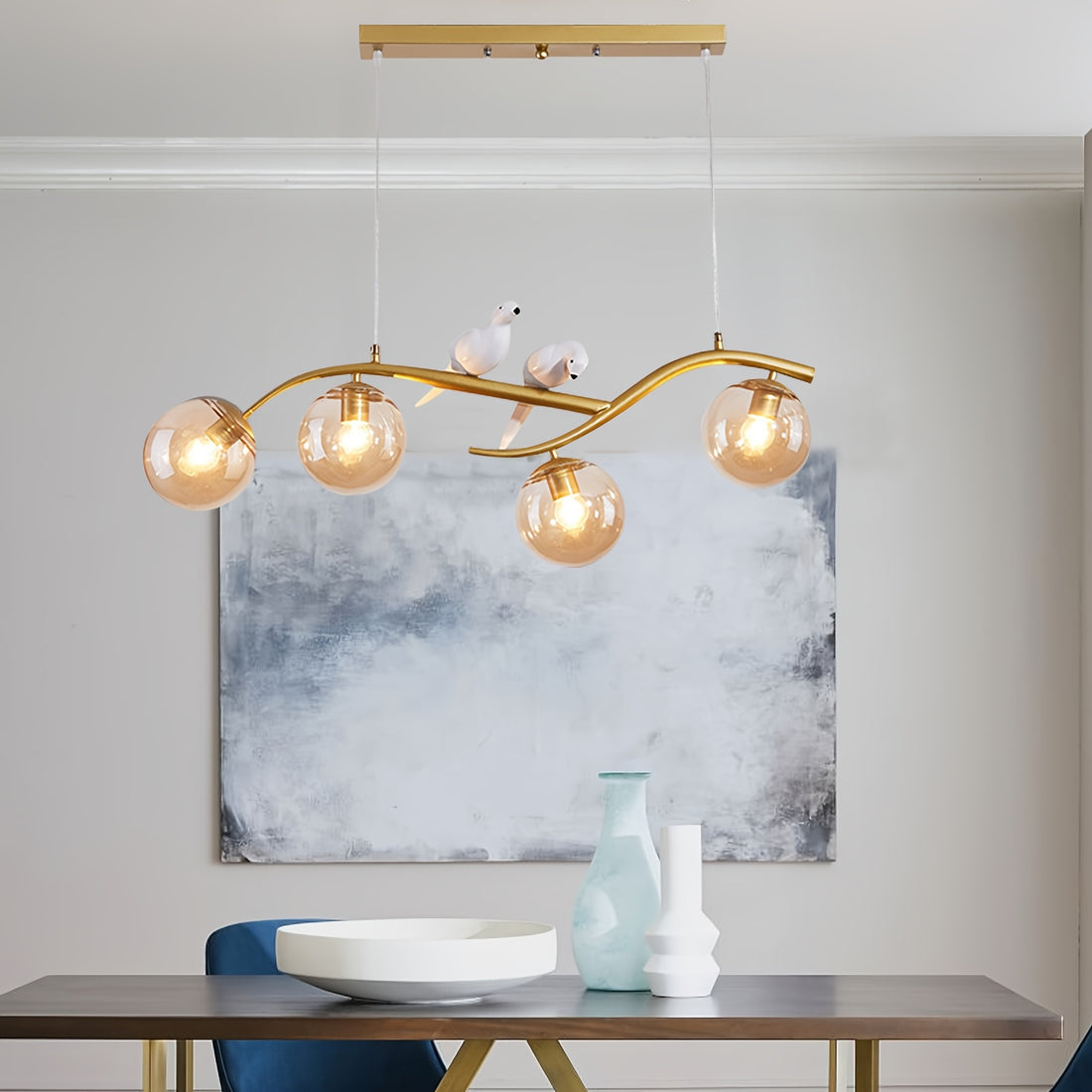 Modern Nordic Bird LED Chandelier – Gold with Amber Glass – LM1056 - Lumora