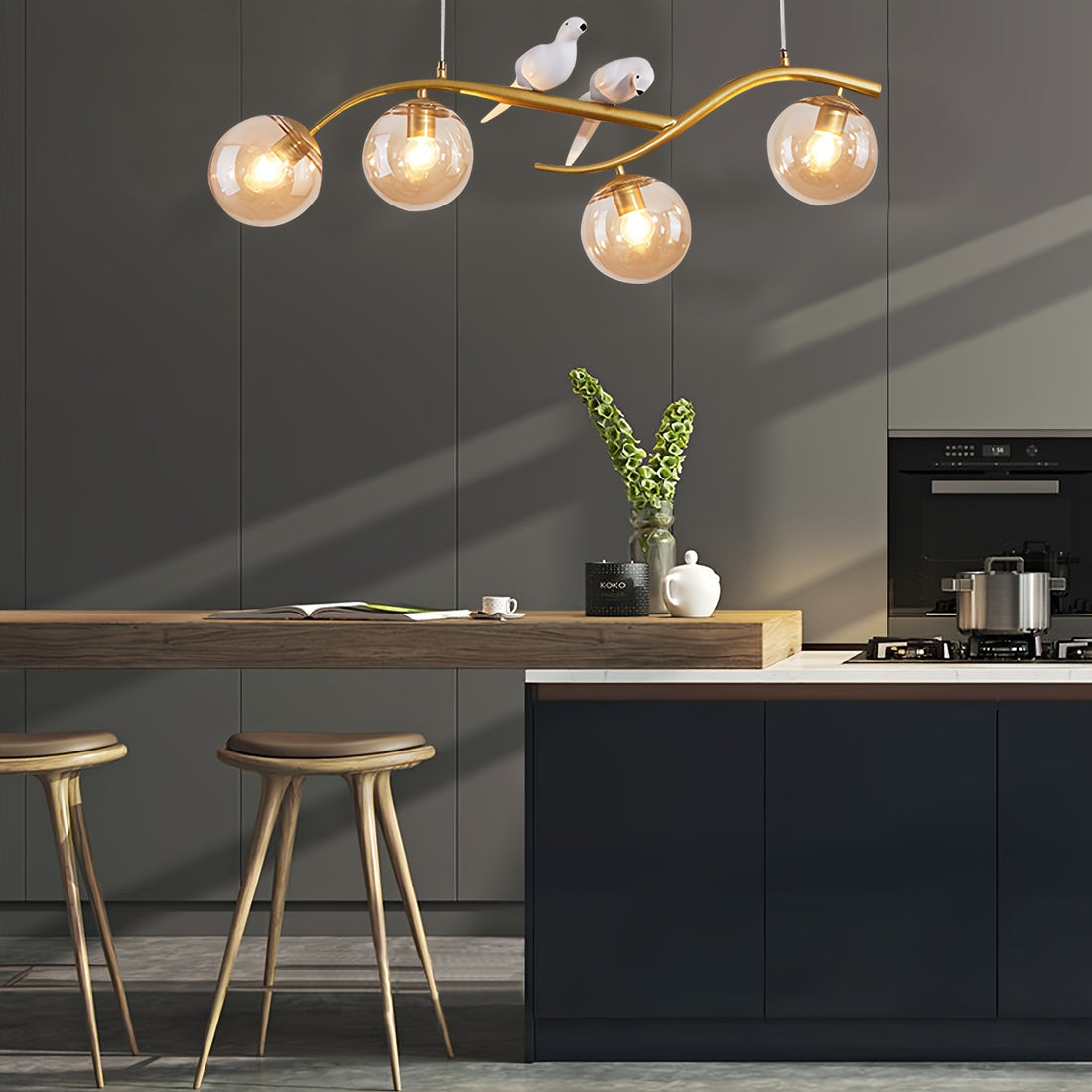 Modern Nordic Bird LED Chandelier – Gold with Amber Glass – LM1056 - Lumora