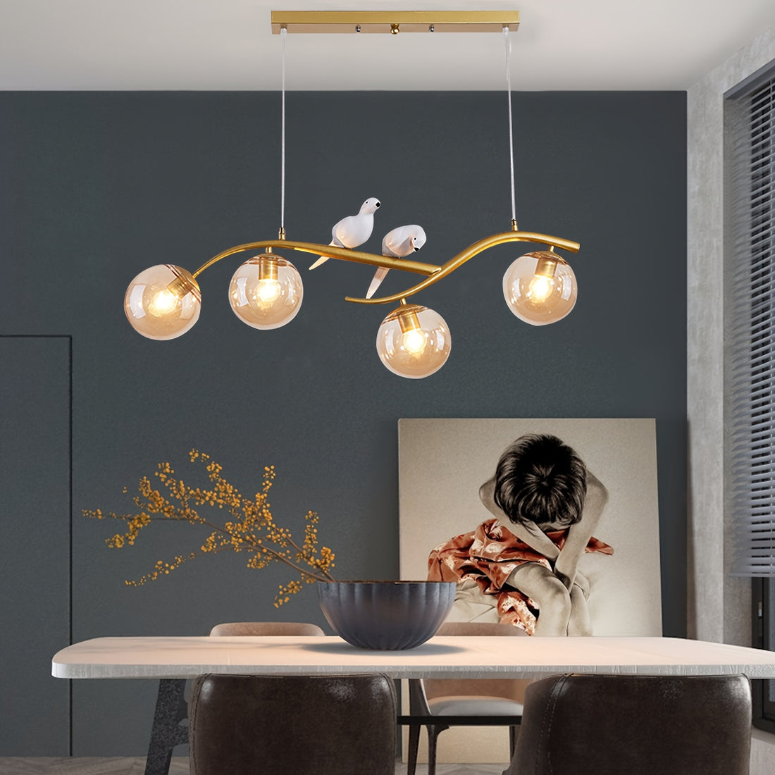 Modern Nordic Bird LED Chandelier – Gold with Amber Glass – LM1056 - Lumora